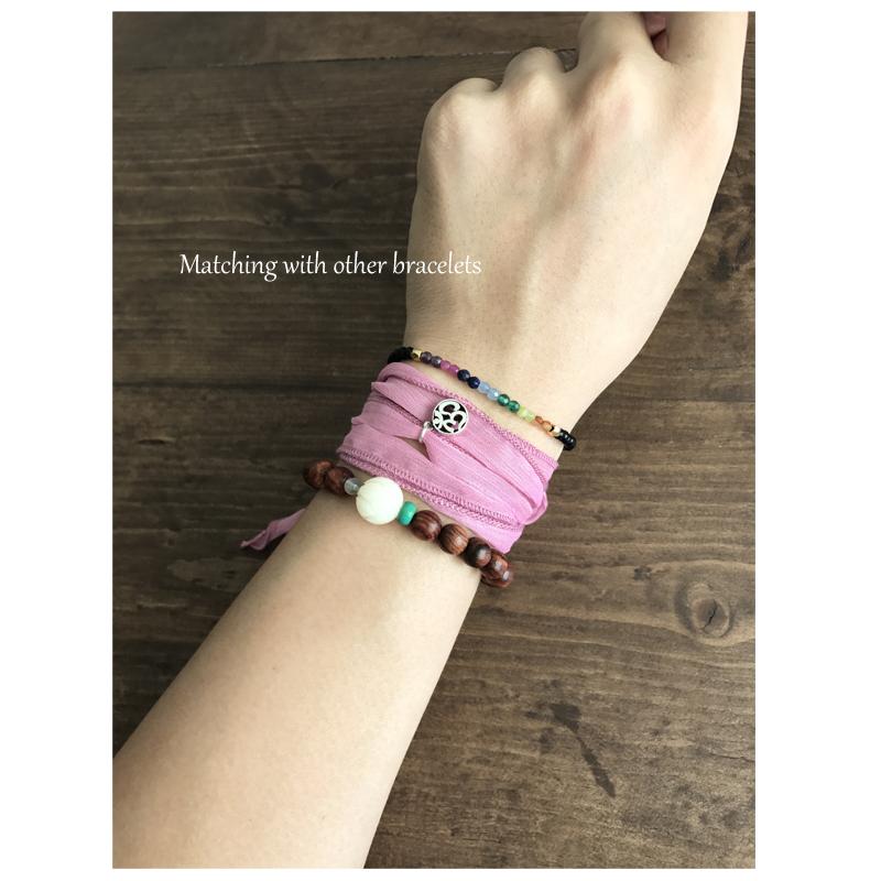 Tibetan Buddhism Handmade Lucky Sari Ribbon Wrap Bracelet with Om Charm