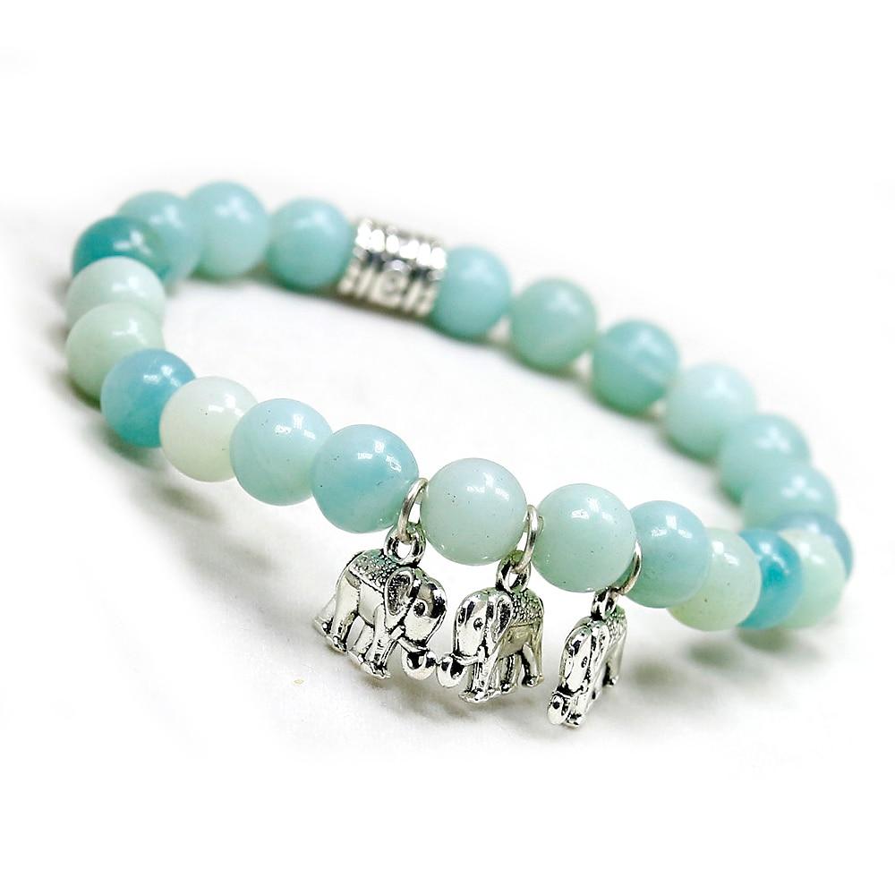 Natural Amazonite Stone Elephant Charm Bracelet-3 Elephant Charms