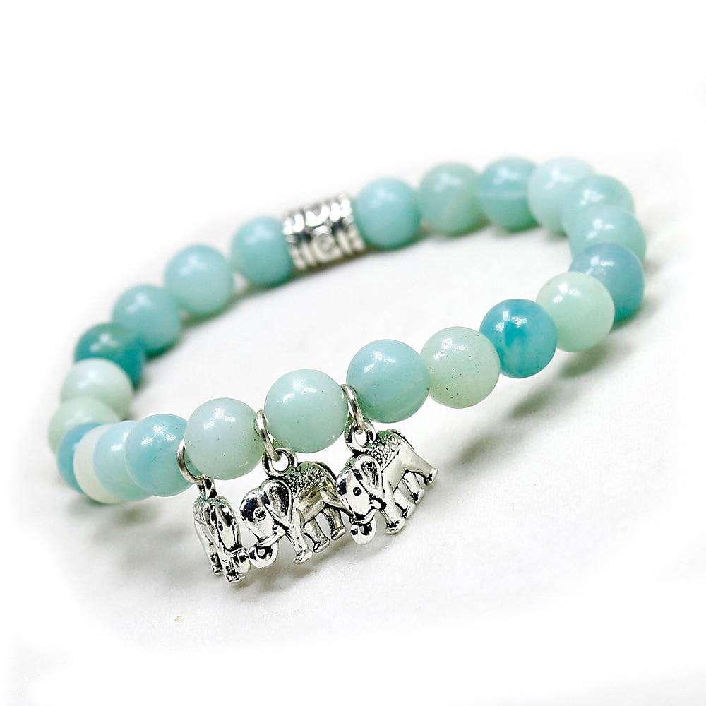 Natural Amazonite Stone Elephant Charm Bracelet-3 Elephant Charms