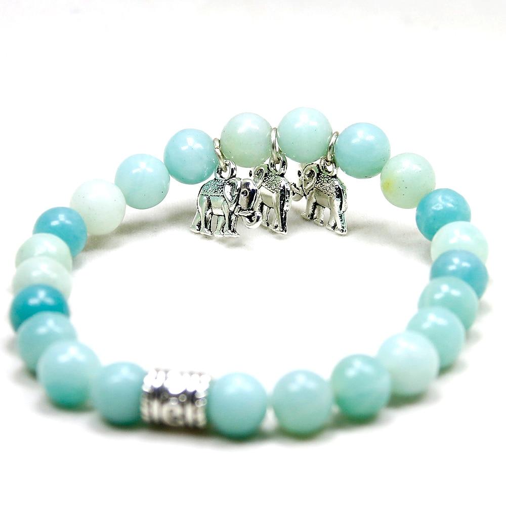 Natural Amazonite Stone Elephant Charm Bracelet-3 Elephant Charms