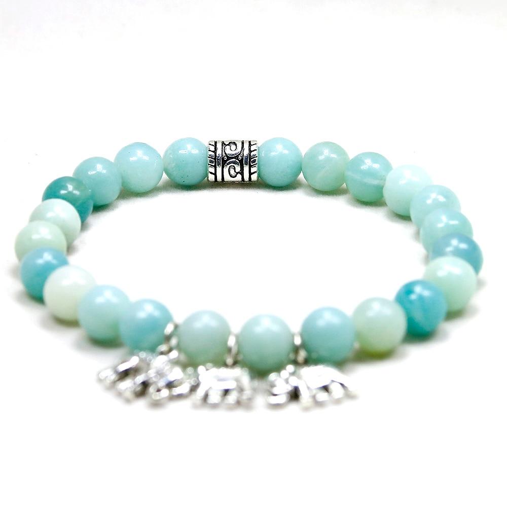 Natural Amazonite Stone Elephant Charm Bracelet-3 Elephant Charms