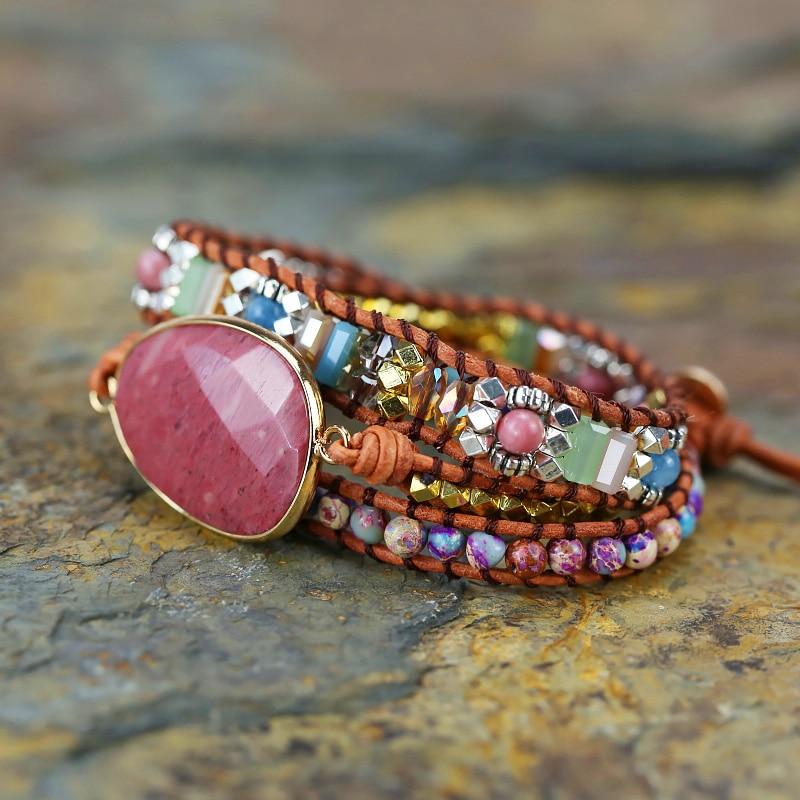 Rhodochrosite, Leather & Stone 'OPEN THE HEART' Wrap Bracelet