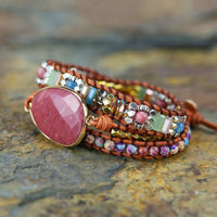 Thumbnail for Rhodochrosite, Leather & Stone 'OPEN THE HEART' Wrap Bracelet