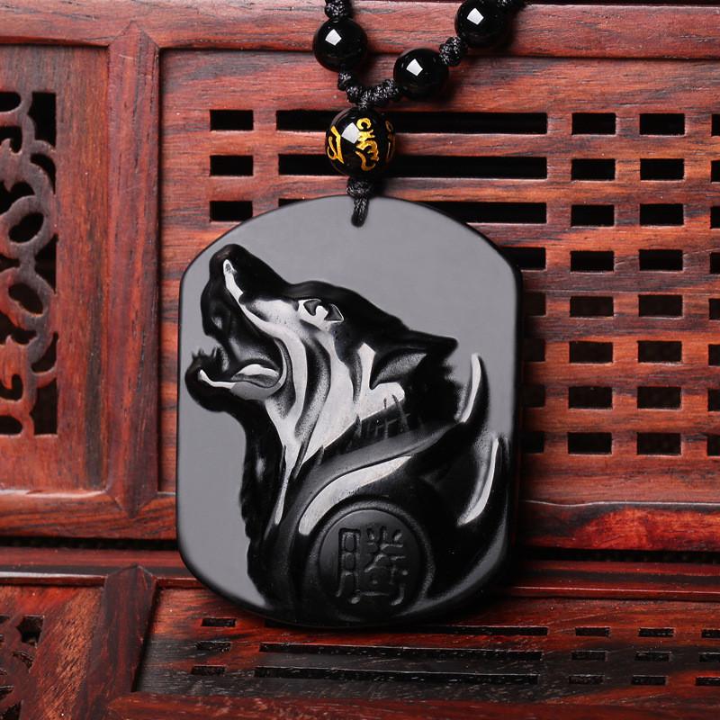 Trendy Natural Obsidian Carved Wolf Head Amulet pendant