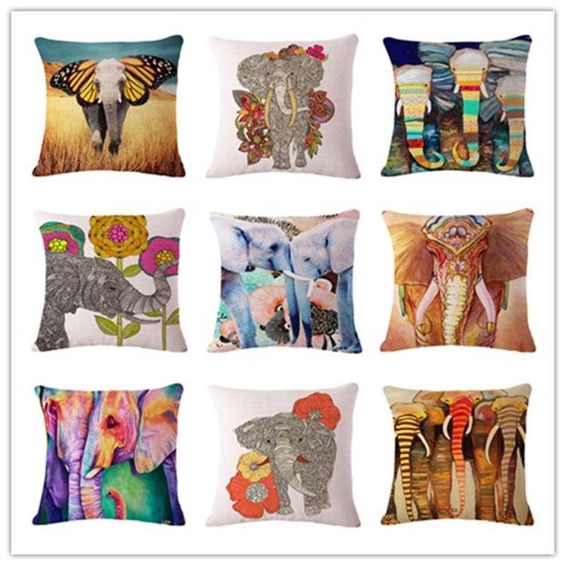 Colorful Elephant Linen Cotton Cushion Pillow Cover