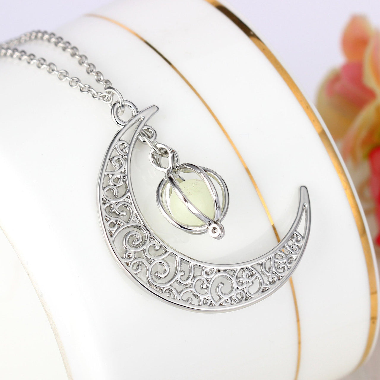 Luminous Stone Crescent Moon Pendant Necklace