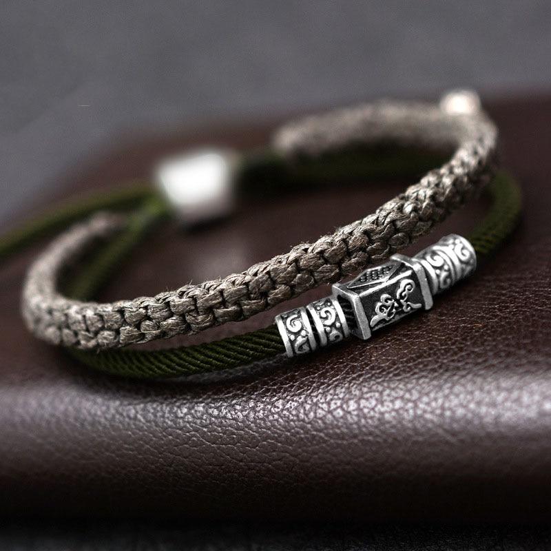 Tibetan Men's Hand Tied Rope 2/pc PEACE Bracelet with Sterling Silver Ethnic Accents