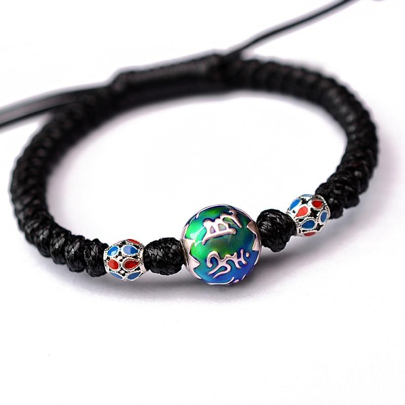 PURE SILVER Ethnic Tibetan 6 syllable Thermochromic charm Bead Bracelet