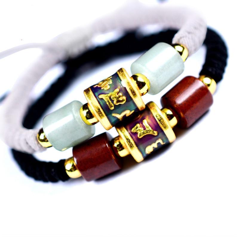 Jade & Stone PURE SILVER Ethnic Tibetan Thermochromic  OM Mantra Cylindrical Bead AWARENESS Bracelet