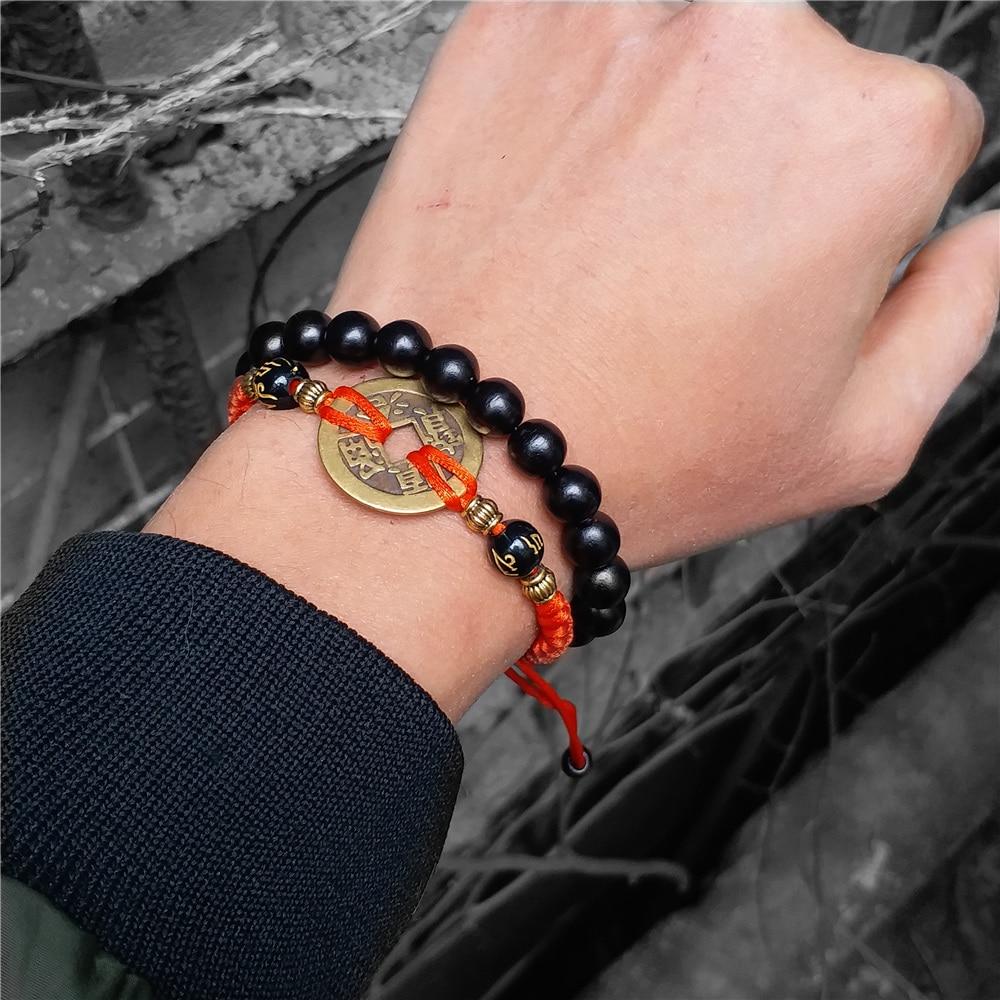 Ancient Coin Red Rope & Ebony Wood Bead 2 Pc Bracelet Set