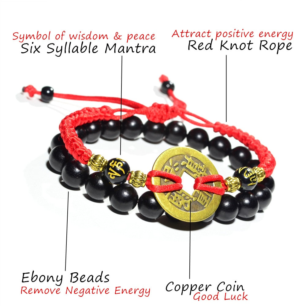 Ancient Coin Red Rope & Ebony Wood Bead 2 Pc Bracelet Set