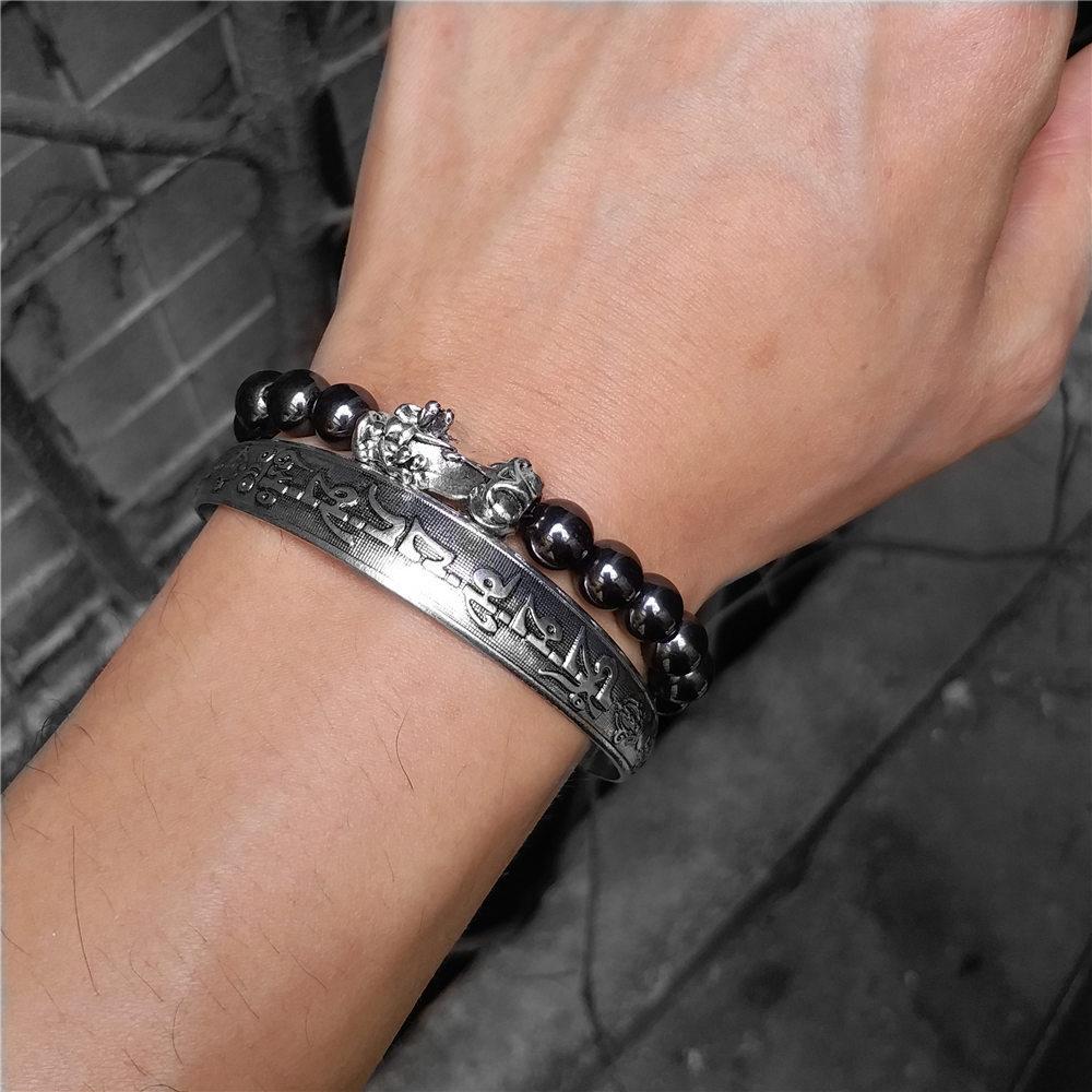 Feng Shui Hematite & PIXIU Bracelet With 6 Syllable OM Mantra Bangle- 2pc WEALTH Set-6 sizes