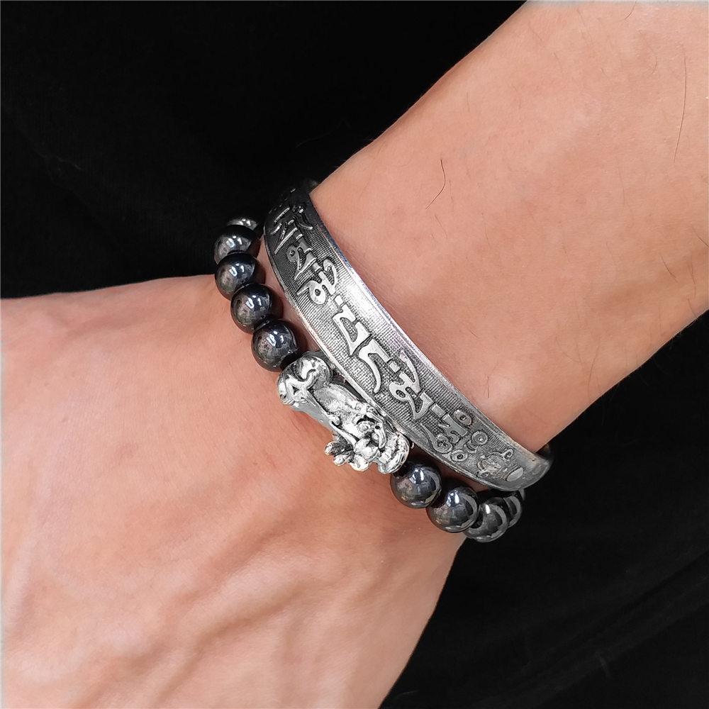 Feng Shui Hematite & PIXIU Bracelet With 6 Syllable OM Mantra Bangle- 2pc WEALTH Set-6 sizes