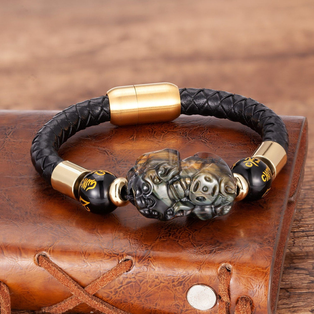 Steel , Leather & Tiger Eye Stone Feng Shui PIXIU For GOOD FORTUNE Bracelet