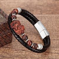 Thumbnail for Stainless Steel , Braided Leather & Tiger Eye Stone Feng Shui PIXIU for WEALTH Bracelet