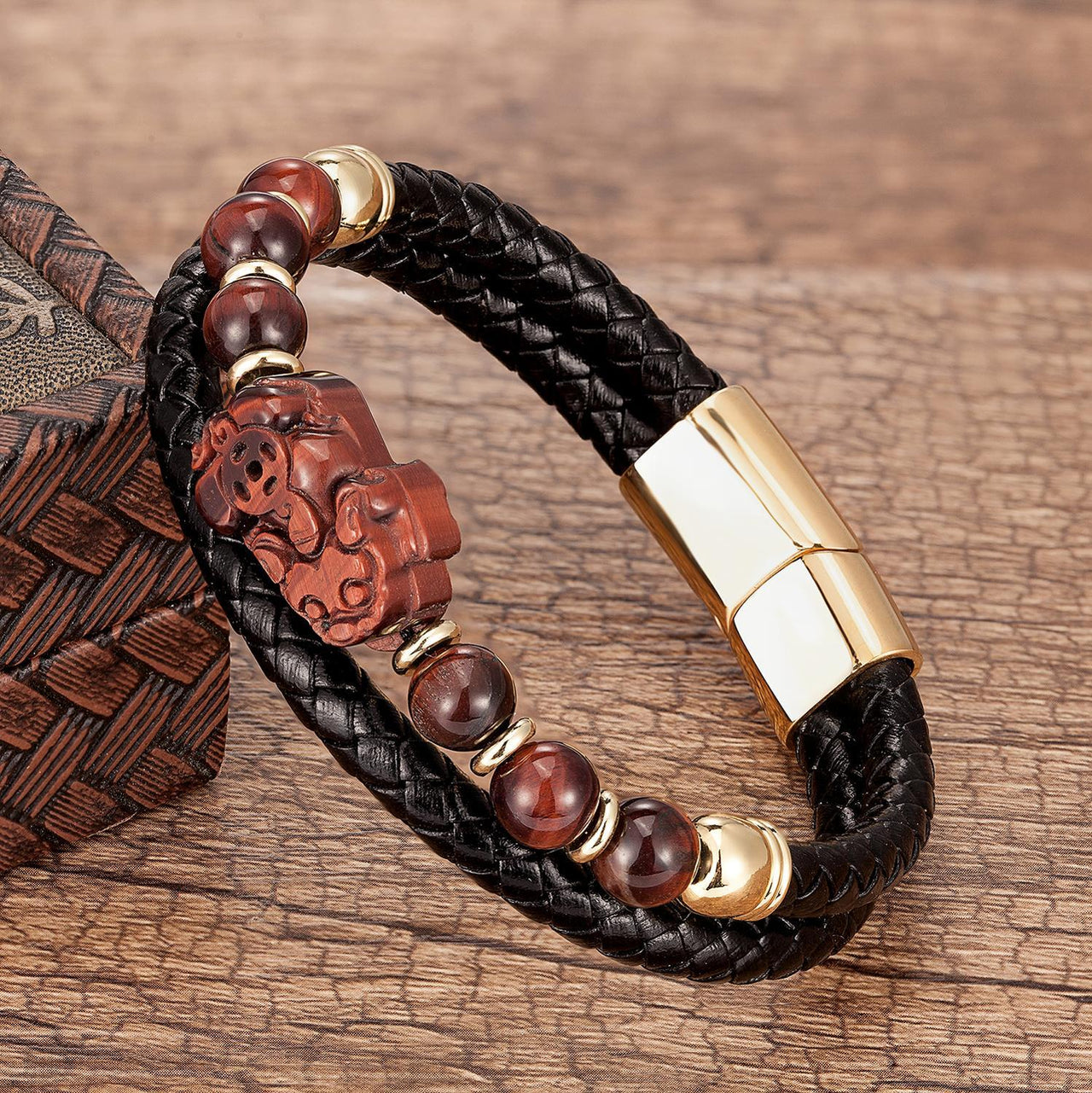 Stainless Steel , Braided Leather & Tiger Eye Stone Feng Shui PIXIU for WEALTH Bracelet