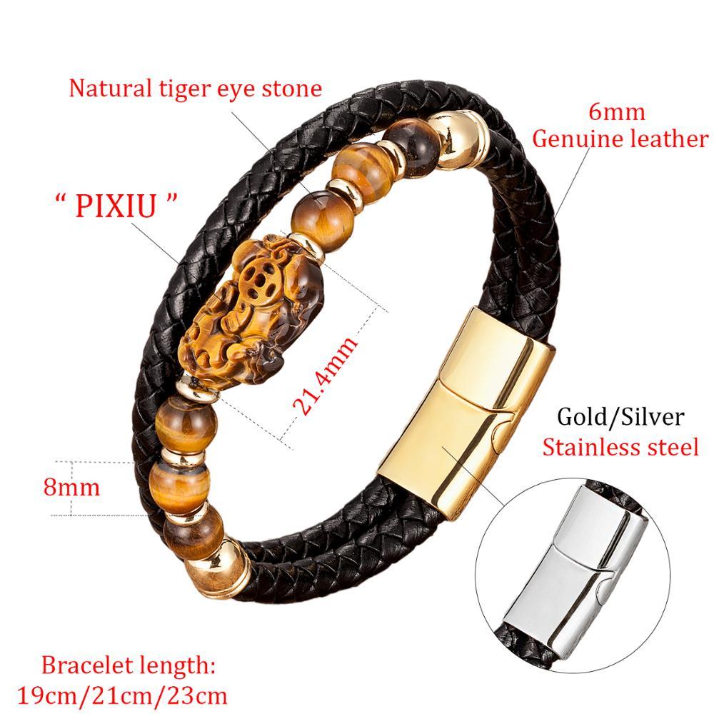 Stainless Steel , Braided Leather & Tiger Eye Stone Feng Shui PIXIU for WEALTH Bracelet