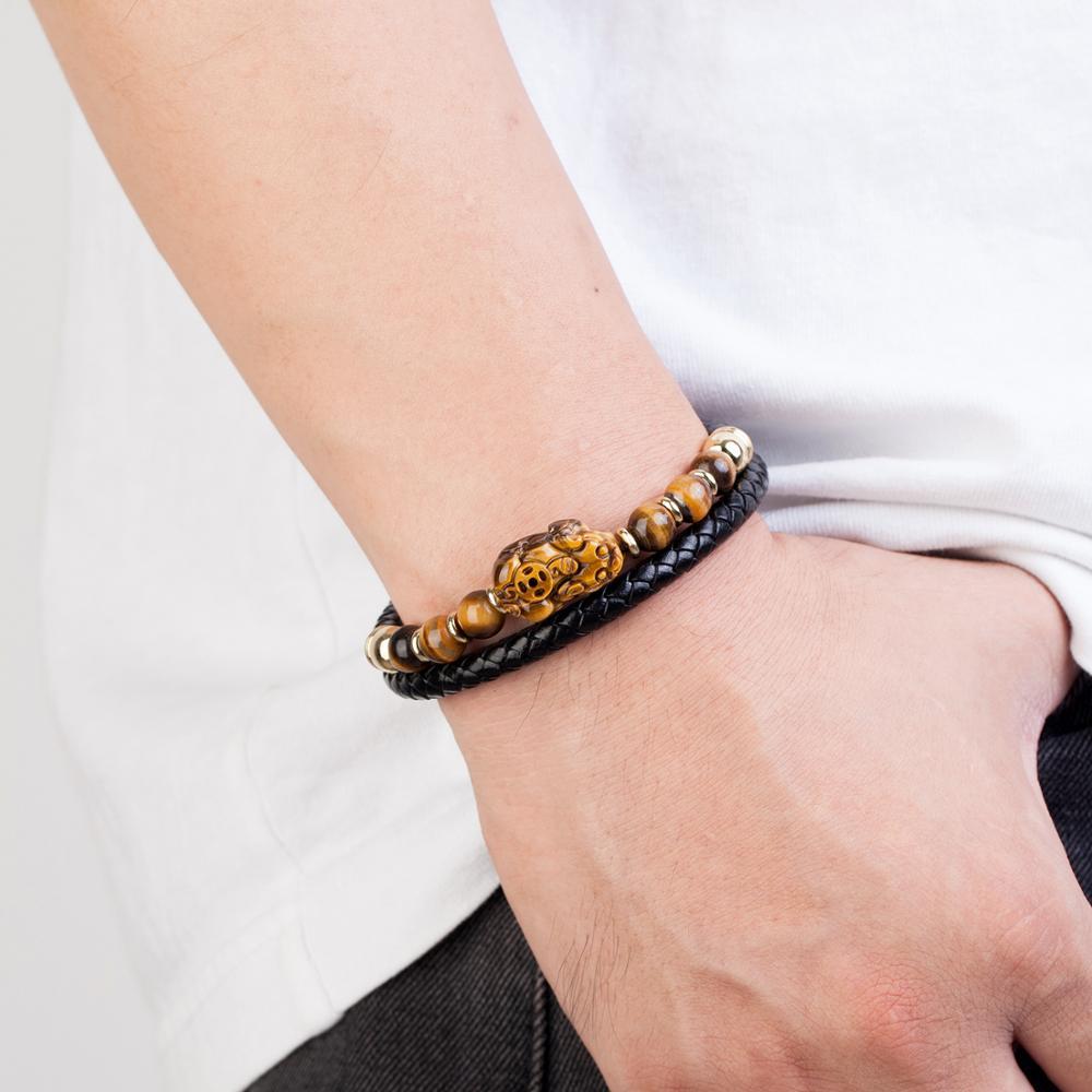 Stainless Steel , Braided Leather & Tiger Eye Stone Feng Shui PIXIU for WEALTH Bracelet