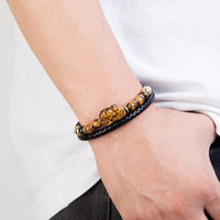 Thumbnail for Stainless Steel , Braided Leather & Tiger Eye Stone Feng Shui PIXIU for WEALTH Bracelet