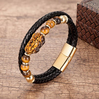 Thumbnail for Stainless Steel , Braided Leather & Tiger Eye Stone Feng Shui PIXIU for WEALTH Bracelet