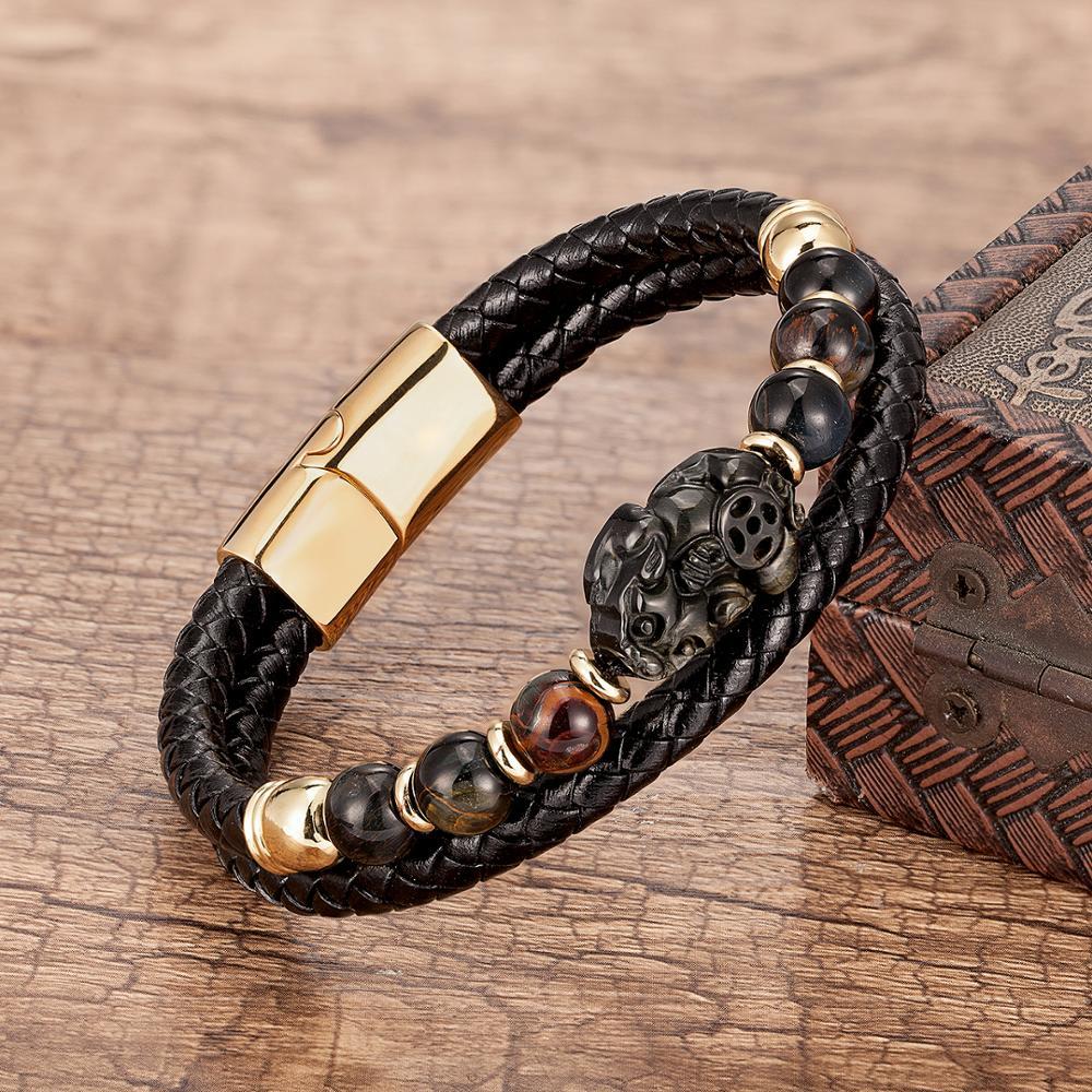 Stainless Steel , Braided Leather & Tiger Eye Stone Feng Shui PIXIU for WEALTH Bracelet