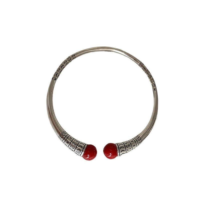 THAI SILVER Red Agate Tibetan Bangle