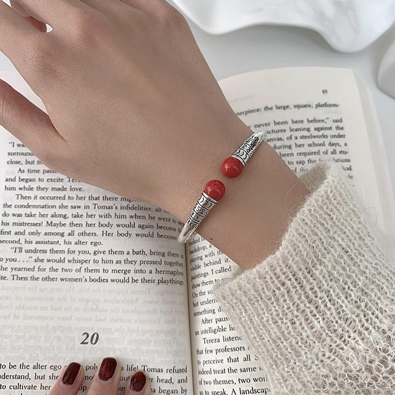 THAI SILVER Red Agate Tibetan Bangle