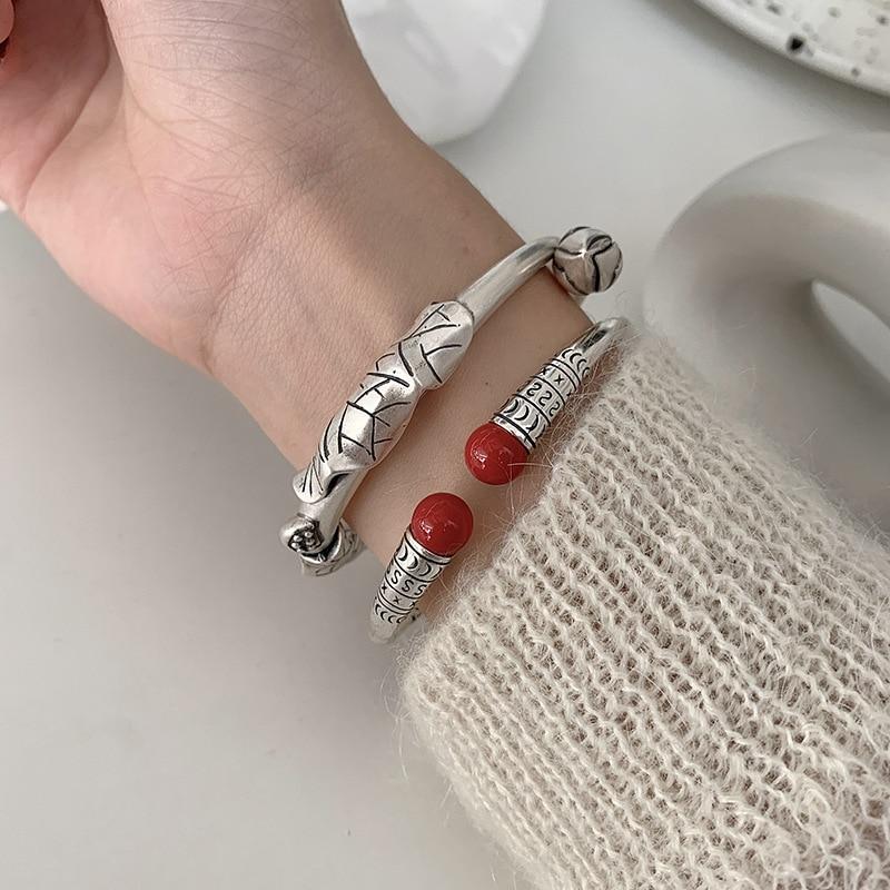 THAI SILVER Red Agate Tibetan Bangle