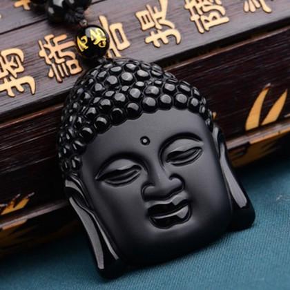 HandCrafted  Obsidian Buddha Head Pendant Necklace