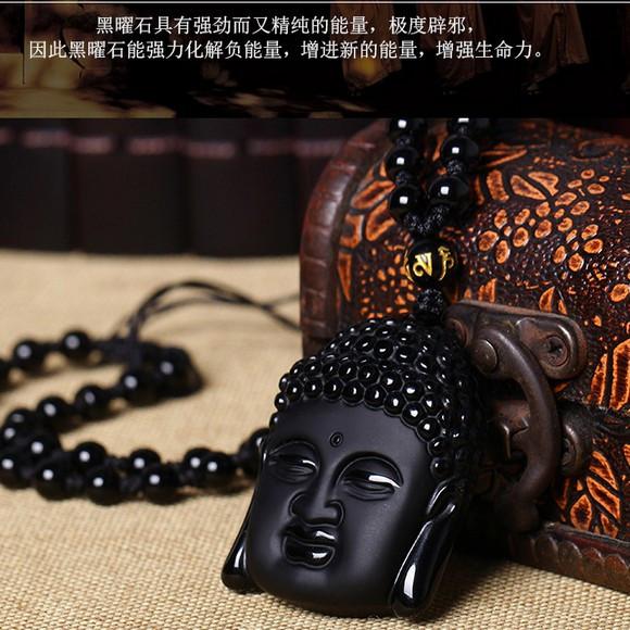 HandCrafted  Obsidian Buddha Head Pendant Necklace