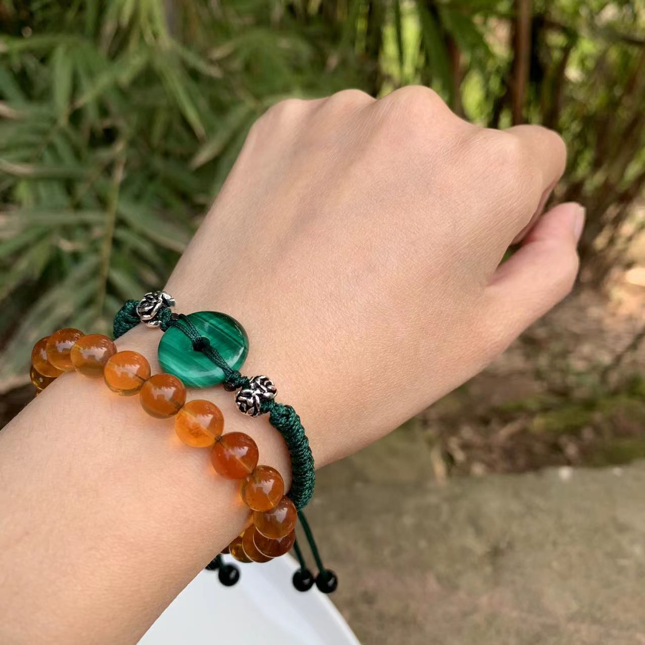 Handmade Natural Malachite 'Ping An Kou' Rope Bracelet