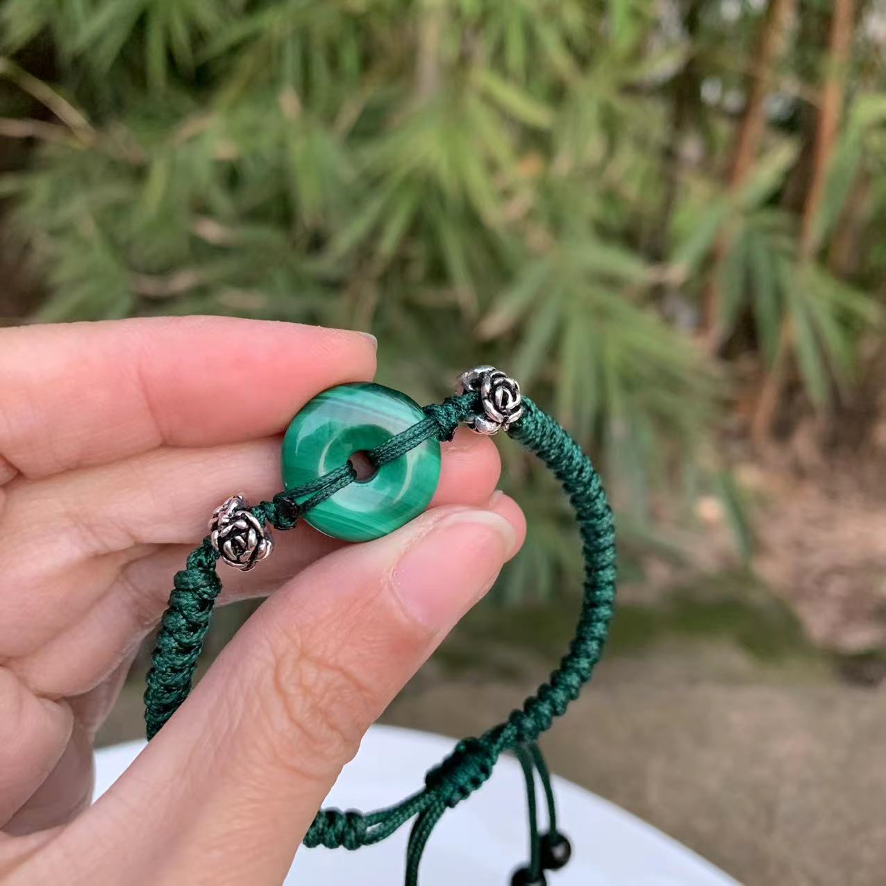 Handmade Natural Malachite 'Ping An Kou' Rope Bracelet