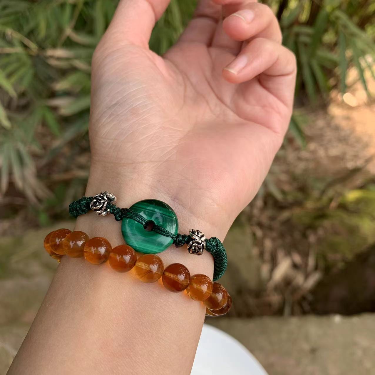 Handmade Natural Malachite 'Ping An Kou' Rope Bracelet