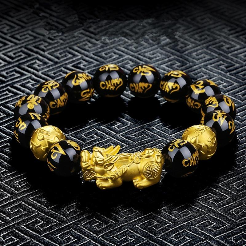 FENG SHUI Gold PIXIU & 6 Syllable Mantra Obsidian Bead Abundance Bracelet