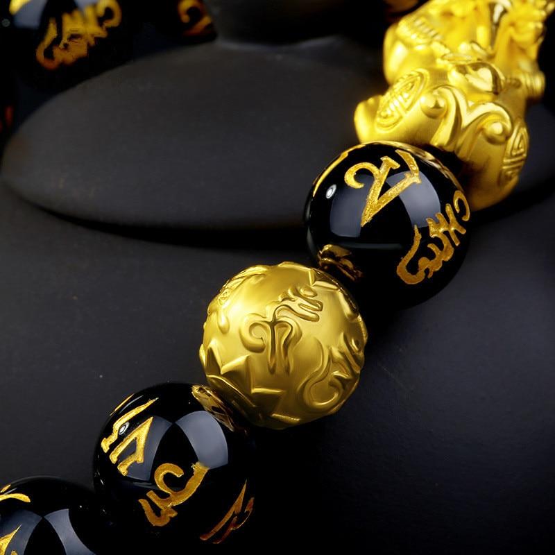 FENG SHUI Gold PIXIU & 6 Syllable Mantra Obsidian Bead Abundance Bracelet