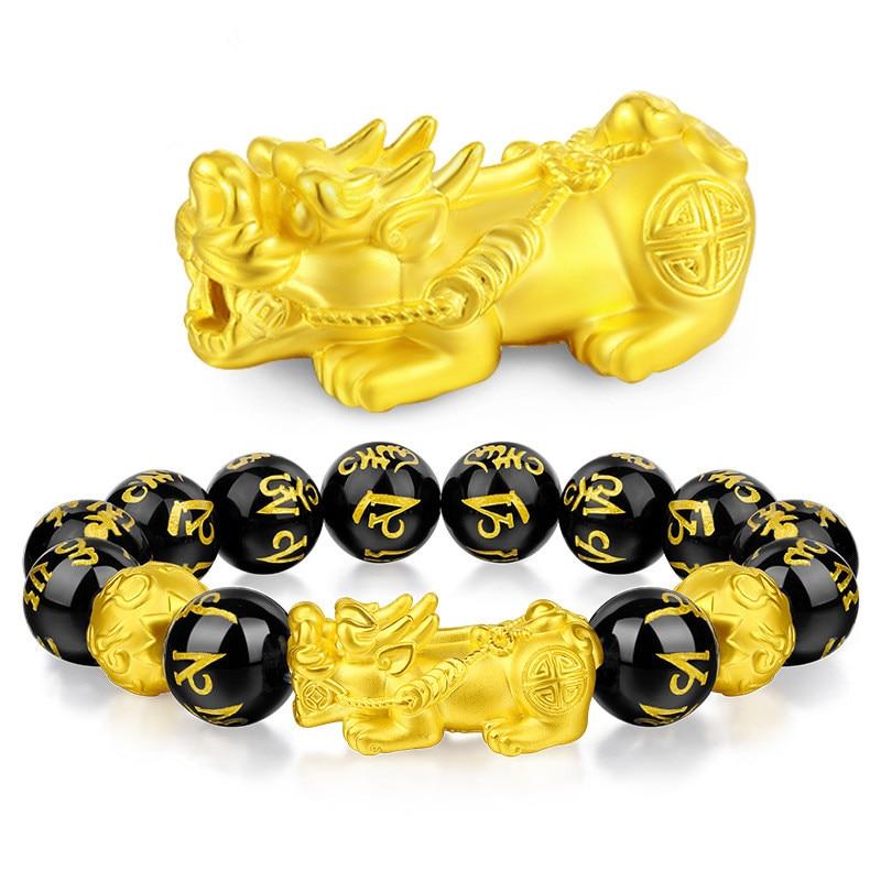 FENG SHUI Gold PIXIU & 6 Syllable Mantra Obsidian Bead Abundance Bracelet