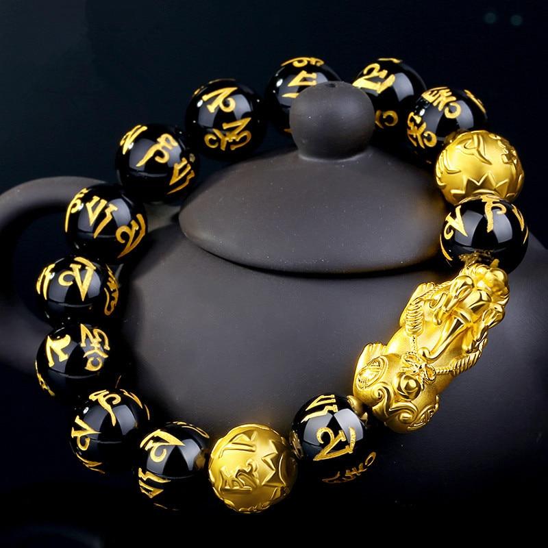 FENG SHUI Gold PIXIU & 6 Syllable Mantra Obsidian Bead Abundance Bracelet