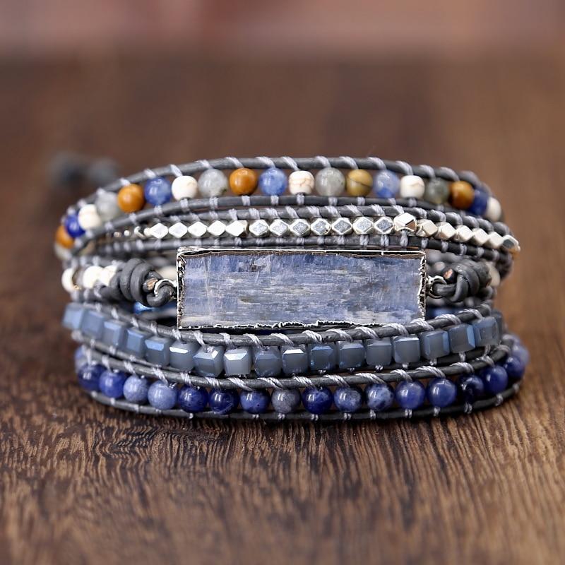 Natural BLUE TOPAZ  & Labradorite /Stone  Leather Wrap HONESTY Bracelet