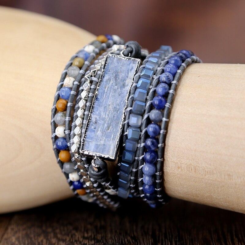 Natural BLUE TOPAZ  & Labradorite /Stone  Leather Wrap HONESTY Bracelet