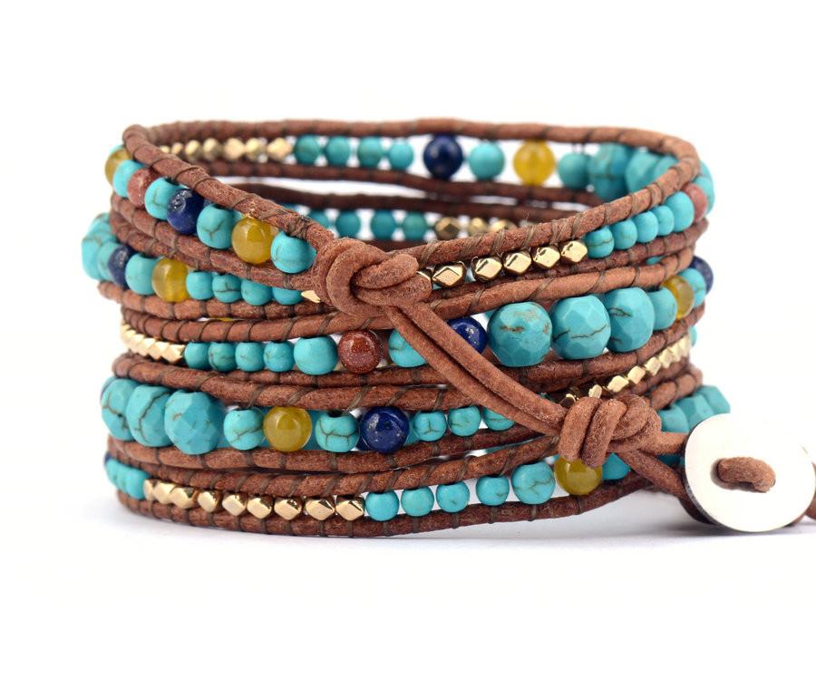 Turquoise Stone with Leather & Gold beads WRAP Bracelet