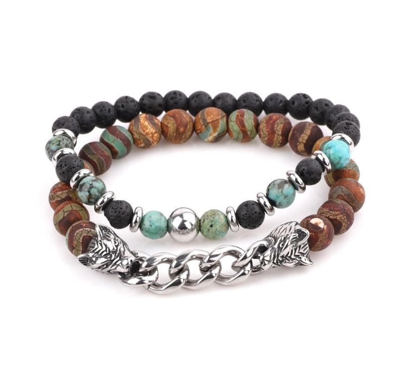 Natural Stone & Stainless Steel  Double WOLF 'LOYALTY' 2 pc Bracelet Set -13 Styles