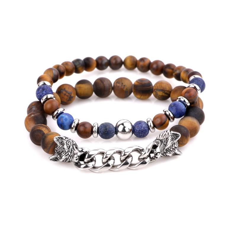 Natural Stone & Stainless Steel  Double WOLF 'LOYALTY' 2 pc Bracelet Set -13 Styles