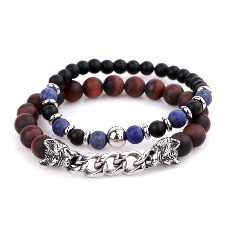 Natural Stone & Stainless Steel  Double WOLF 'LOYALTY' 2 pc Bracelet Set -13 Styles