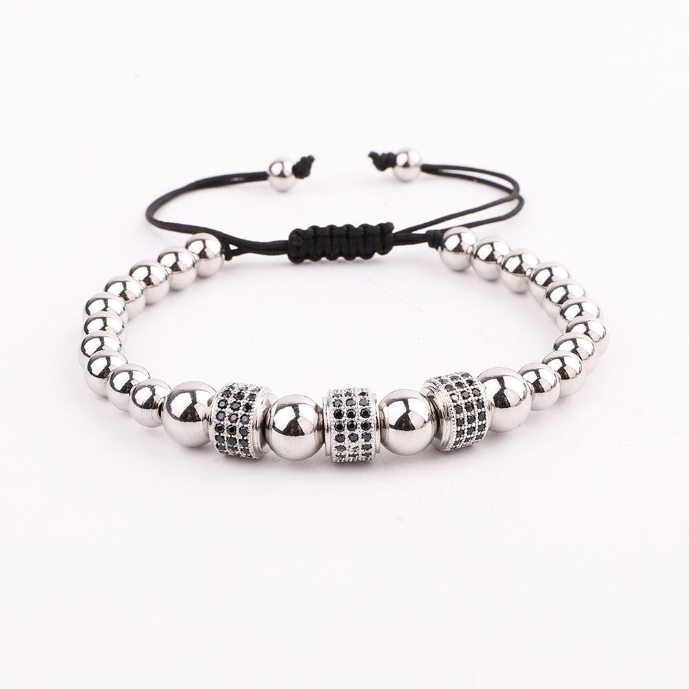 Luxury CZ Pave ,Black/Silver/Gold Braided Stainless Steel 3pc  Bracelet Set