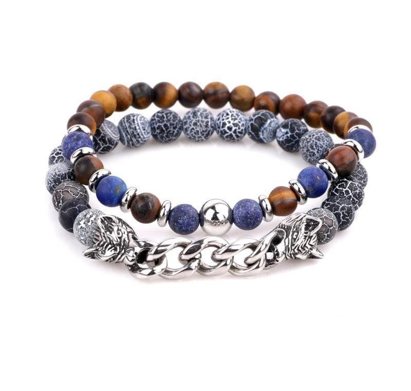 Natural Stone & Stainless Steel  Double WOLF 'LOYALTY' 2 pc Bracelet Set -13 Styles