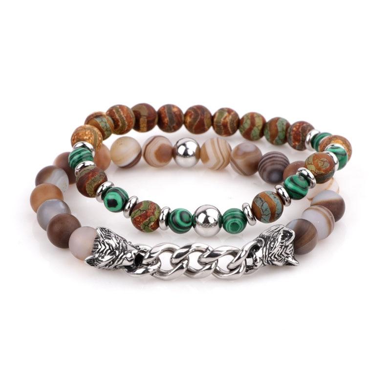 Natural Stone & Stainless Steel  Double WOLF 'LOYALTY' 2 pc Bracelet Set -13 Styles