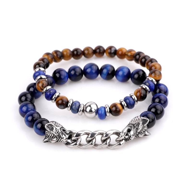 Natural Stone & Stainless Steel  Double WOLF 'LOYALTY' 2 pc Bracelet Set -13 Styles