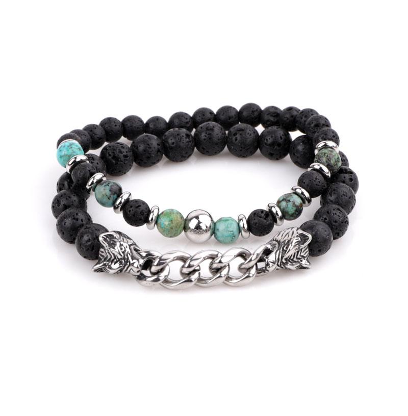 Natural Stone & Stainless Steel  Double WOLF 'LOYALTY' 2 pc Bracelet Set -13 Styles