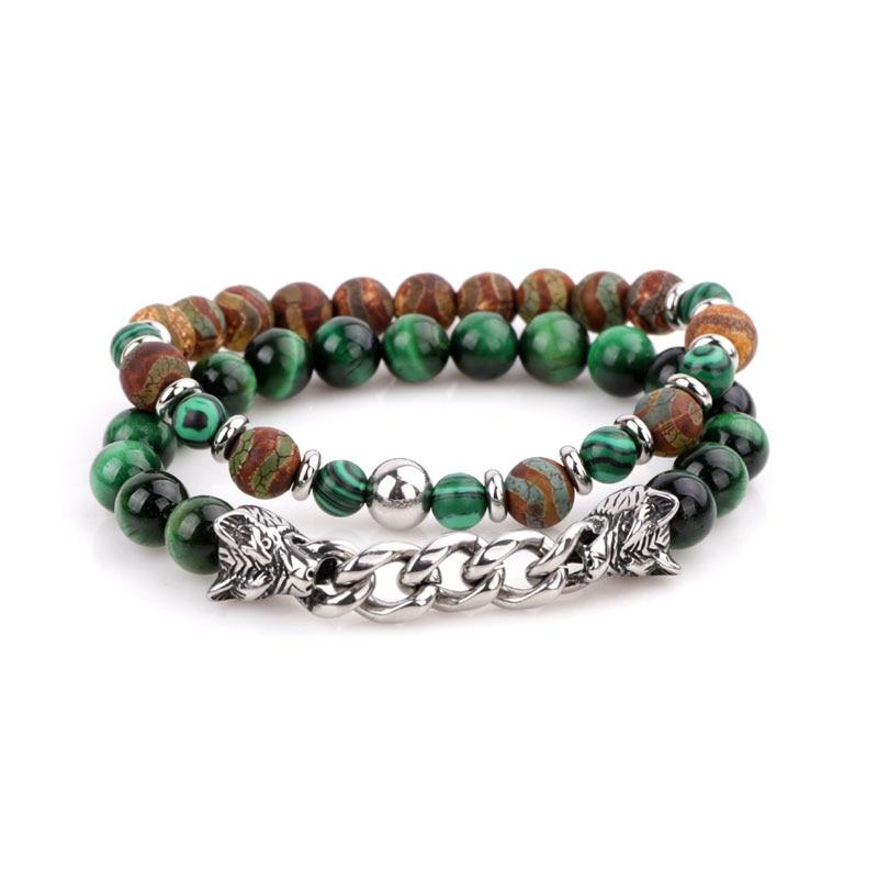 Natural Stone & Stainless Steel  Double WOLF 'LOYALTY' 2 pc Bracelet Set -13 Styles