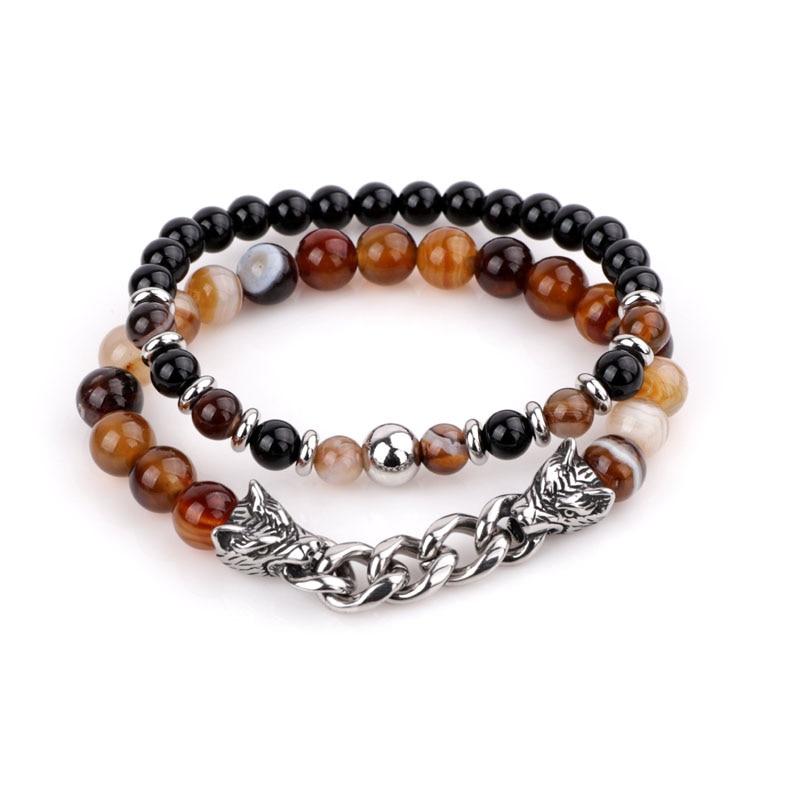 Natural Stone & Stainless Steel  Double WOLF 'LOYALTY' 2 pc Bracelet Set -13 Styles